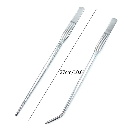 2PCS Aquarium Tweezers Stainless Steel Straight and Curved Tweezers Set Long Handle Reptile Feeding Tongs for Aquatic Plants Lizards Spider Snakes Garden Repairing - 10.6inch, Silver - color: 10.6"/Silver