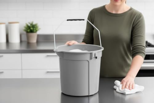 14 Qt Round Plastic Bucket, Gray, with Metal Handle, Pour Spout, for Cleaning and Gardening