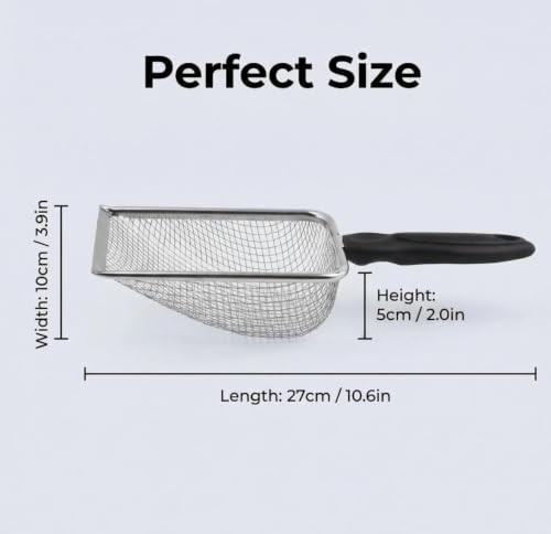1Pc Stainless Steel Cat Litter Scoop, Fine Mesh Pet Sand Sifter Shovel | Small Hole Mesh Scooper with Comfort Handle,Suitable for Bentonite Sand, Cat, Reptile,Quail Terrarium Waste Cleaning