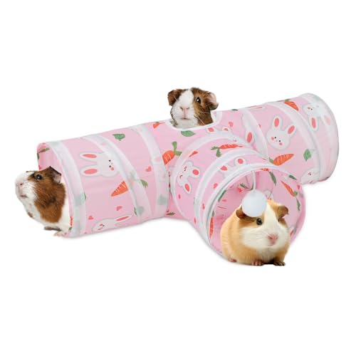 Rypet Guinea Pig Tunnel Hideout 3-Way Collapsible Pet Tubes, Carrot Pink | 3 Way Design for Exploration, Collapsible for Easy Storage, Built-in Play Ball, Hiding & Resting for Hamsters Ferrets - color: Pink
