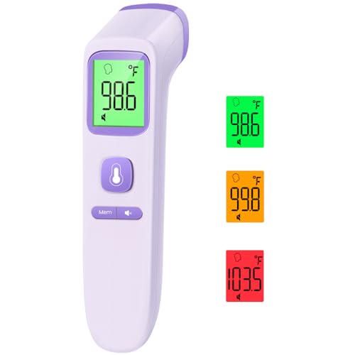 No-Touch Thermometer for Adults, Kids, Babies, 1-Sec Fast Accurate (Purple) | Fever Alarm, Large LCD with 3-Color Backlight, Silent Mode, 35-Reading Memory, Forehead & Object Mode, for Home & Clinic - color: Purple
