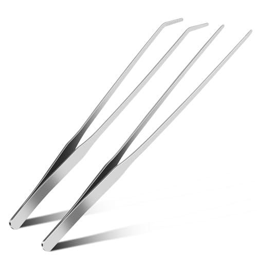 2pc-10.6"Aquarium Tweezers,Stainless Steel Straight and Curved Tweezers Set,Long Handle Reptile Feeding Tongs for Lizards, Bearded Dragon Snake Tank Accessories (Silver) - color: Silver