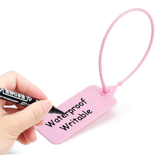 100 Pink Blank Plastic Tags for Labeling Waterproof Hanging Labels Writable Tags Seal Plastic Marking Label for Clothes Bags Keys Inventory with One Marker Pen - color: Pink, size: 100 PCS