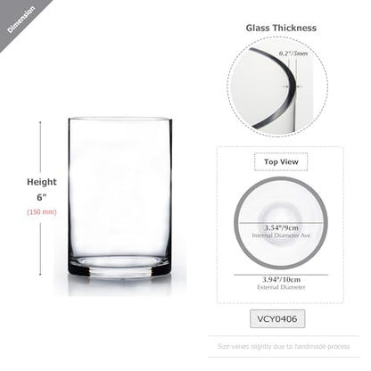 WGVI Quality Thick Weighted Clear Cylinder Glass Vases, 4" W x 6" H, Flower Arrangement Glass Candle Holders Wedding Centerpieces Terrarium Planter Floral Storage Container Pen Brush Holder, 1 Piece - size: 4"x6"H