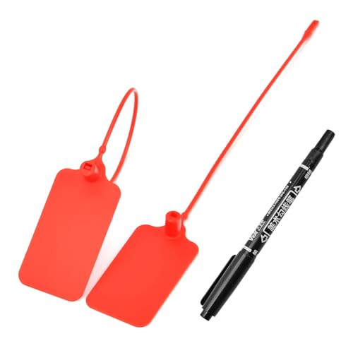 100 Writable Marking Plastic Tags Labels with Marker Pen, 1.18" x 2.16" Blank Waterproof Hanging Tag, Multi Purpose Name ID Tag for Keys, Backpack, Luggage, Logistic, Retail Inventory (Red, 100pcs) - color: Red, size: 100pcs