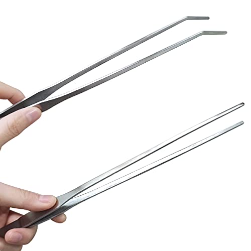 2 Pcs Feeding Tongs, Aquarium Tweezers Straight and Curved Tweezers Set | 27cm/10.6 inches Stainless Steel Aquascaping Tools for Hold Worms, Reptiles, Lizards, Bearded Dragon (Silver)