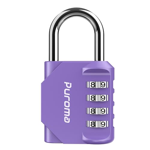 Puroma 1 Pack Combination Lock Locker 4 Digits Combo Padlock Gym Purple | For School Gate Fence Toolbox Hasp Storage, Outdoor, Resettable, Weatherproof, Side Window, Crack Cut Resist, Hardened Steel - color: Purple