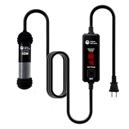 AquaMiracle Upgraded 50W Small Aquarium Heater Fish Tank Heater Turtle Heater Super Mini Aquarium Heater, Dry-Run/Overheating Protection and Memory Function, Dual LED Display, for 5-10 Gal Tanks - size: For 5-10 Gal Aquariums