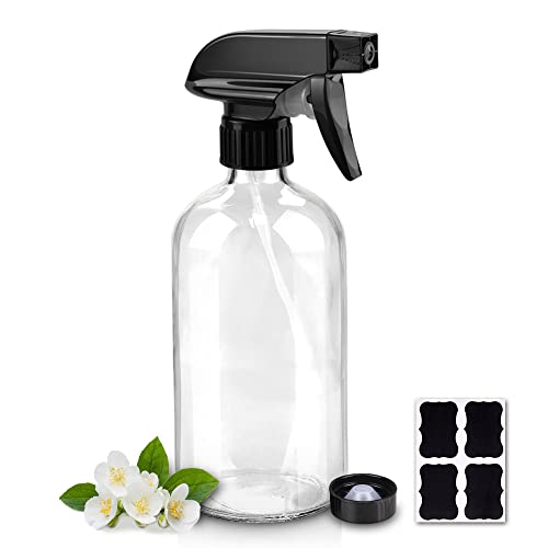 Worldgsb Glass Spray Bottles, 16oz Refillable Containers, Empty Boston Round Bottles with Labels & Adjustable Nozzle for Cleaning, Gardening, Aromatherapy, Pets, Plant, Hair -Clear (1 Pack) - color: Clear, style: 1 Pack