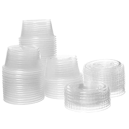 DuraHome Plastic Portion Cups with Lids 2 oz. Pack of 150 Leakproof Jello Shot Cup Mini Containers for Salad Dressing Sauce Condiment Snack Souffle and Salsa, Disposable - style: 150 Sets - 2oz.