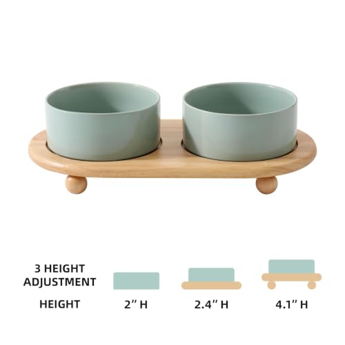 Havniva Raised Cat Bowl, 6.1” Elevated Ceramic Cat Food and Water Bowl Set | Cat Bowls Elevated, Whisker Friendly Cat Bowl, Non-Slip Wood Stand, Food-Grade Ceramic, Wide Opening, Dishwasher Safe - color: Light Green, size: 2 Bowls+Tray - 6.1"