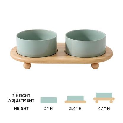 Havniva Raised Cat Bowl, 6.1” Elevated Ceramic Cat Food and Water Bowl Set | Cat Bowls Elevated, Whisker Friendly Cat Bowl, Non-Slip Wood Stand, Food-Grade Ceramic, Wide Opening, Dishwasher Safe - color: Light Green, size: 2 Bowls+Tray - 6.1"
