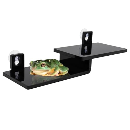 Frog Basking Platform with Suction Cup, Black Acrylic Double Ledge Platform for Reptile, Tank and Aquarium Accessories for Small Animals Tree Frogs Crested Gecko Lizards Axolotl - 7.3 x 2.4 x 1 Inch