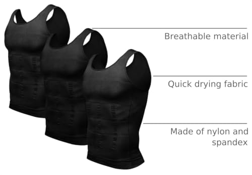 Odoland Men Compression Shirt 3 Pack Body Shaper Vest Tank Top | Nylon & Spandex, Moisture-wicking Tummy Shaper for Gym, Running, Daily, Breathable, Stretchy - color: Black/Black/Black, size: Medium