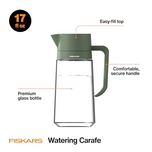 Fiskars 17oz Glass Watering Can for Indoor Plants, Easy Fill Top, Clear | Small Pitcher for Succulents & Herbs, Mess Free Pouring with Narrow Spout for House Plants, Modern Decor Style, Clear - size: Carafe