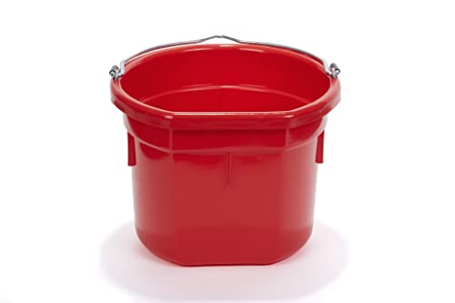 Little Giant® Flat Back Plastic Animal Feed Bucket | Animal Water and Feed Bucket with Metal Handle | 8 Quarts | Red - color: Red