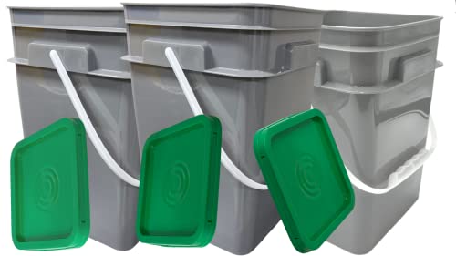 4 Gallon Square Food Grade Bucket Pail with Plastic Handles and Lid (Pack of 3) Made in USA containers (Gray Buckets-Green lids) - color: Gray Buckets-green Lids