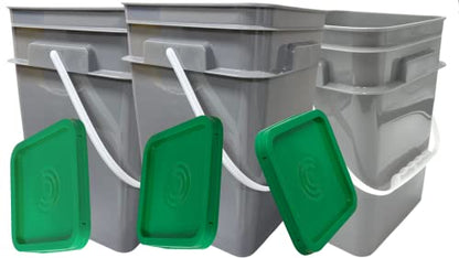 4 Gallon Square Food Grade Bucket Pail with Plastic Handles and Lid (Pack of 3) Made in USA containers (Gray Buckets-Green lids) - color: Gray Buckets-green Lids