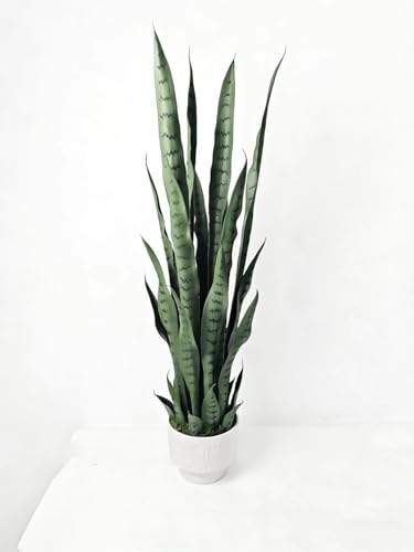 Dayuleaf 3 ft Artificial Sansevieria Plant with White Decorative Pot, Realistic Faux Snake Plant, Green with Dark Green Horizontal Stripes