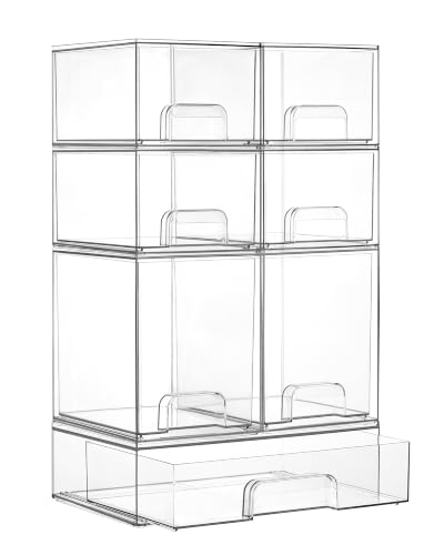 Vtopmart Stackable Storage Drawers Set of 7, Clear Plastic Organizer Bins for Baby Bottle, Beauty Supplies Storage, Ideal for Kichen Countertop, Vanity, Bathroom, Cabinet, Pantry Organization - style: 4 Small+2 High+1 Wide