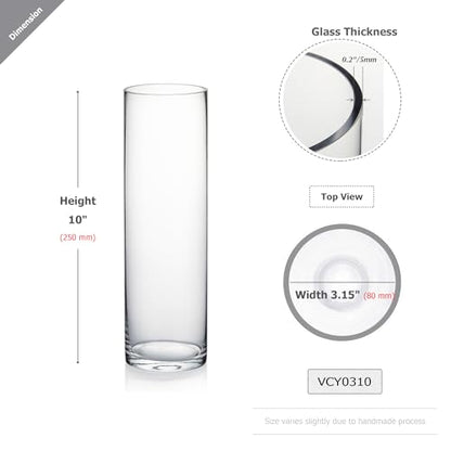 WGVI Quality Thick Weighted Clear Cylinder Glass Vases, 3" W x 10" H, Flower Bud Vase Skinny Narrow Floral Bouquet Container for Wedding Centerpieces Tabletop Pen Brush Holder, 1 Piece - size: 3"x10"H