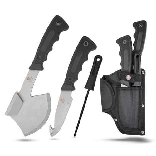 Snake Eye Tactical Heavy Duty 3PC Hunting & Camping Set – Full Tang Camping Axe, 9.5" Fixed Blade Gut Hook Knife, Sharpening Rod, and Heavy Duty Nylon Combo Sheath Included (Black & Silver) - color: Black & Silver