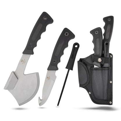 Snake Eye Tactical Heavy Duty 3PC Hunting & Camping Set – Full Tang Camping Axe, 9.5" Fixed Blade Gut Hook Knife, Sharpening Rod, and Heavy Duty Nylon Combo Sheath Included (Black & Silver) - color: Black & Silver