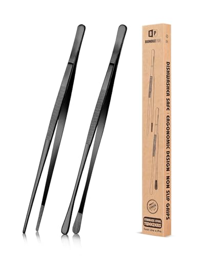 2 Pcs 10-Inch Kitchen Tweezers Fine Tweezer Tongs, Stainless Steel Professional Long Cooking Tweezers for BBQ, Sea Food, Repairing and Serving (BLACK) - color: Black, size: 10 IN