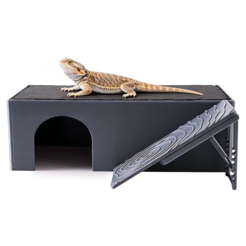 3 in 1 Reptile Basking Platform for Bearded Dragon, Leopard Gecko | Large Reptile Hides and Caves, with Adjustable Climbing Ramp & Heat Absorbing Slate Rock, 12.2×6.3×3.9 Inch
