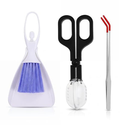 Mini Dustpan and Brush Set, Reptile Scoop Feeding Tool, Stainless Steel Straight & Curved Tweezers for Small Animals – Hamsters, Hedgehogs, Rats, Guinea Pigs, Lizards, Reptiles (Black)