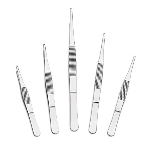 5-Piece Tweezer Set Long Metal Tongs Serrated Forceps - FEITA Stainless Steel Aquarium Plant Tweezers Kit Lab Terrarium Tools