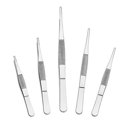 5-Piece Tweezer Set Long Metal Tongs Serrated Forceps - FEITA Stainless Steel Aquarium Plant Tweezers Kit Lab Terrarium Tools