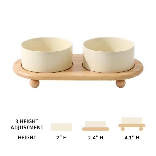 Havniva Raised Cat Bowl, 6.1” Elevated Ceramic Cat Food and Water Bowl Set | Cat Bowls Elevated, Whisker Friendly Cat Bowl, Non-Slip Wood Stand, Food-Grade Ceramic, Wide Opening, Dishwasher Safe - color: Light Yellow, size: 2 Bowls+Tray - 6.1"