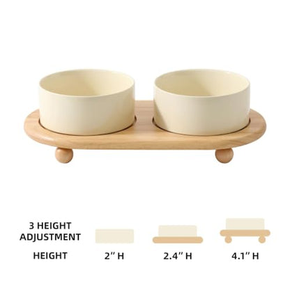 Havniva Raised Cat Bowl, 6.1” Elevated Ceramic Cat Food and Water Bowl Set | Cat Bowls Elevated, Whisker Friendly Cat Bowl, Non-Slip Wood Stand, Food-Grade Ceramic, Wide Opening, Dishwasher Safe - color: Light Yellow, size: 2 Bowls+Tray - 6.1"
