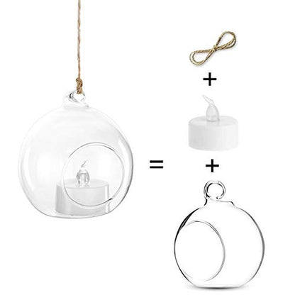 NUPTIO Hanging Glass Tealight Holders with LED, 24 Pcs, 3.15 Inch | Includes Flameless Lights, Clear Votive Globes, Ready to Hang, for Terrariums, Gardens, Weddings, DIY Gifts - size: 3.15 inches