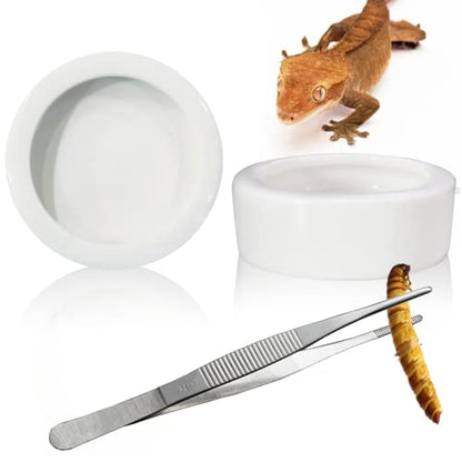 2Pcs Mini Reptile Food Dish Bowls Worm Water Dish Feeder Lizard Gecko Ceramic Pet Bowls with Tongs for Tortoise Lizard Bearded Dragon Frog Leopard Gecko Snake Chameleon(Small, 1.93Inch)