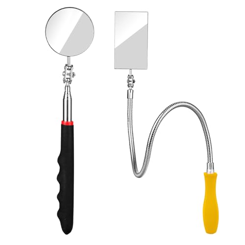 Telescoping & Bendable Inspection Mirror – Round & Square Heads, Black/Yellow | 360° Swivel Neck, Telescoping & Bendable Handles, Metal & Glass Build, for Dead Angles & Tight Spots - color: Yellow/Black