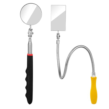 Telescoping & Bendable Inspection Mirror – Round & Square Heads, Black/Yellow | 360° Swivel Neck, Telescoping & Bendable Handles, Metal & Glass Build, for Dead Angles & Tight Spots - color: Yellow/Black