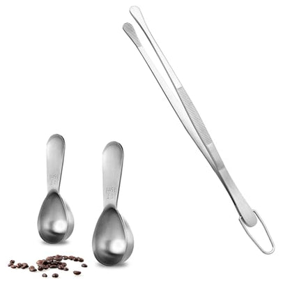 U-Taste 1 Tablespoon Metal Measuring Spoon Set of 2 with Short Handled Measure Scooper (Silver, 1Tbsp/15ml) and 8in Kitchen Plating Tweezer:18/8 Stainless Steel Food-Grade Metal Food Tong (Round Tip)