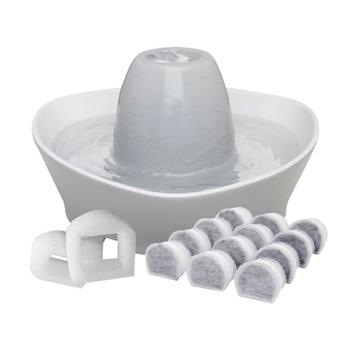PetSafe Creekside Ceramic Pet Fountain, 60 Oz, Extra Filters | 60 Oz Capacity, Whisper-Quiet Flow, Includes 12 Extra Carbon & 2 Extra Foam Filters, Dishwasher Safe, Cats & Small Dogs - style: Fountain + 12 Carbon Filters + 2 Foam Filters