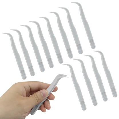 Coufce 12pc White Plastic Tweezers, 4.5 Inch Bent | DIY Jewelry Making, Crafts, Baking Decoration, Reptile Feeding & Bead Craft Tools