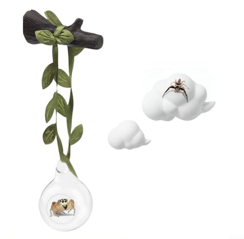 4 Pack Jumping Little Creatures Habitat Glass Ball Hideout Platform Shelf, Transparent Terrarium Decor with Tree Trunk Garden Courtyard, White