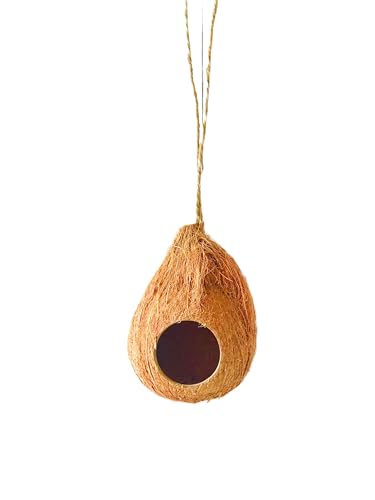 Natural Coconut Reptile Hide with Fiber Loop, Hideout for Gecko, Snake & Fish, Egg Laying Shelter, Hanging Bird House, Perfect for Small Finch, Humming Birds Opening 2” Diameter, 1 Pack (1-Hole)