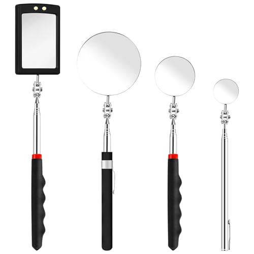 CdbC 4 Pcs Telescoping Mirrors, LED Lighted Inspection Mirror Telescoping, 360 Rotation Mechanic Mirror Extendable, Flexible Telescopic Mirrors Tool for Checking Vehicle Observing Small Parts