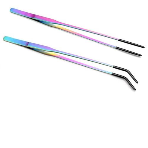 2PCS Stainless Steel Reptile Feeding Tongs, 10.6" Straight and Curved Tweezers for Bearded Dragon Tank Accessories, Planted Tank Tools Feeder for Lizards