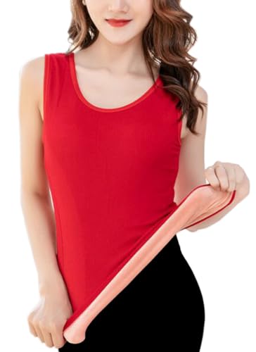 Womens Cotton Thermal Fleece Lined Underwear Tops Cami Tank Top Warm Base Layer Vest - color: Red, size: L / (Fit 120~145 lb)