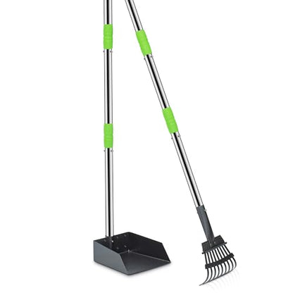 Pooper Scooper for Dogs, Metal Poop Scooper Tray and Rake Set with Adjustable Long Handle, Dog Pooper Scooper for Pet Waste Removal - color: Silver & Green