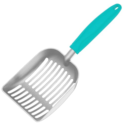 Cat Litter Scoop, Kitty Metal Scooper, Aluminum Alloy Sifter, Kitten Pooper Lifter, Deep Shovel, Long Handle, Poop Sifting, Durable, Heavy Duty, for Litter Box - color: Flat Aluminum-Aqua Handle, size: Small