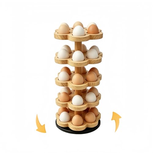 360° Rotating Wooden Egg Holder for 30 Eggs (Wood) | petal-shaped tray, 5 tiers, 6 egg slots per layer, solid wood, farmhouse countertop organizer, for kitchen and Easter display - color: Wood