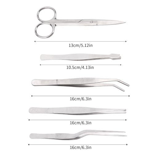 5pcs Plant Tweezers and Scissors, Long Stainless Steel Garden Bend Tongs Set with Straight Curved Flat Point Tip Multiple-Use Gardening Tools for Bonsai Reptile Feeding Kitchen Use